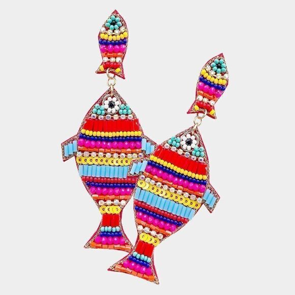 Fish Multi Colored Seed Bead Earrings - Picture 1 of 6